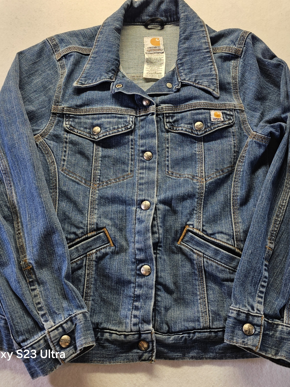 Carhartt Women's Blue Denim Trucker Jacket with Orange Logo Tab